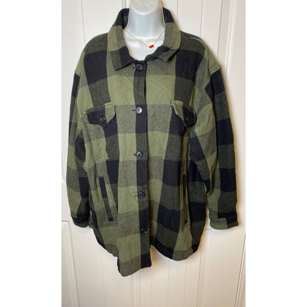 Green & Black Plaid Button-Up Shirt Jacket, XL